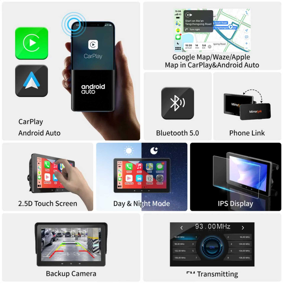 Sistema de navegación portátil con CarPlay y Android Auto | 7 pulgadas | Bluetooth | Transmisor FM | AUX